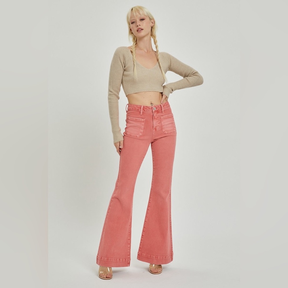 High Rise Patch Pocket Bell Bottom Jeans - Risen